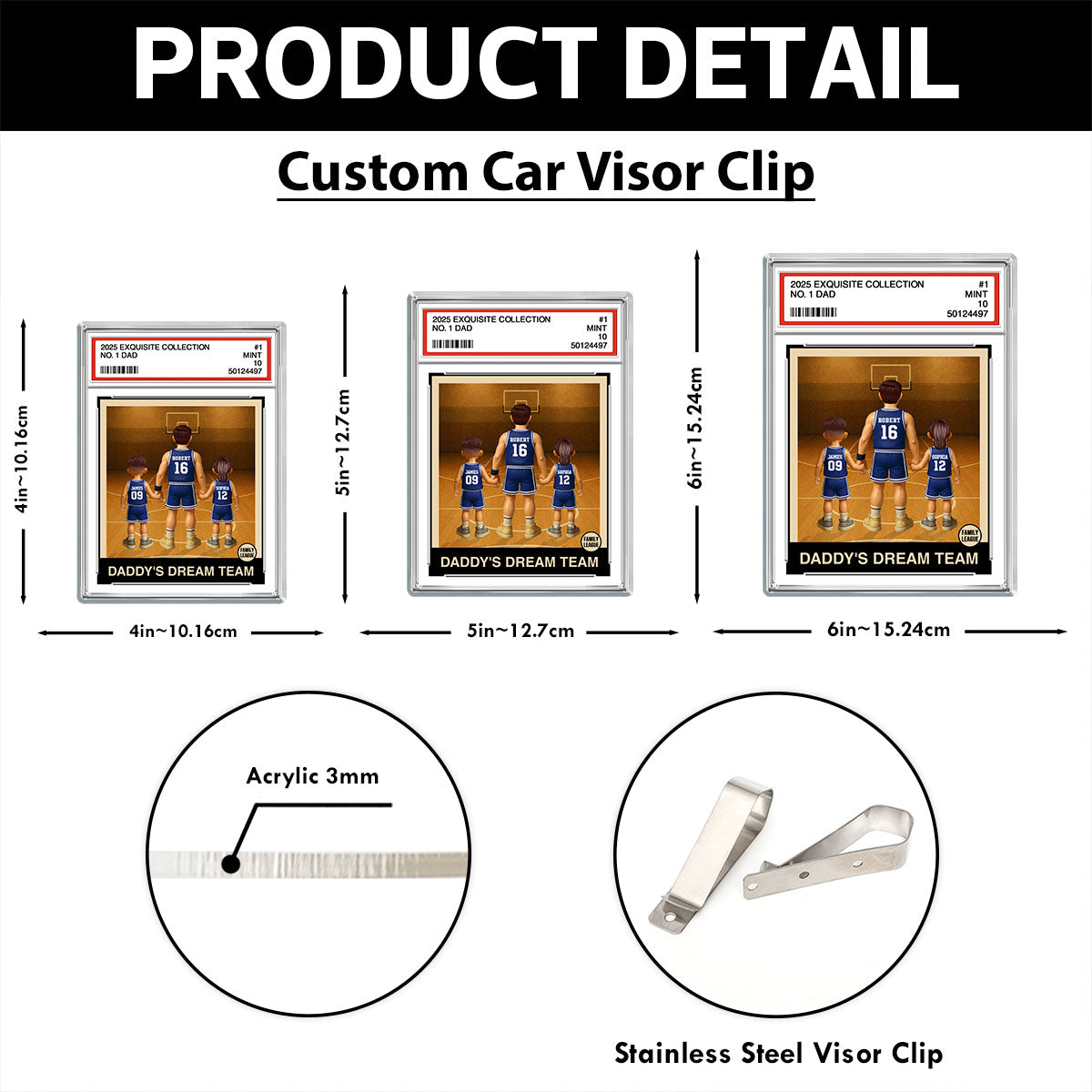 Basketball No. 1 Dad Man & Kids Trading Card Style Personalized Acrylic Car Visor Clip