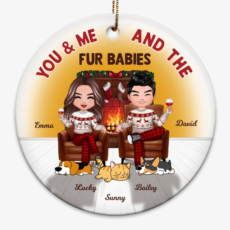 Couple And Dogs Cats In House Fireplace Personalized Circle Ornament