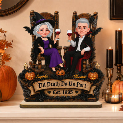 Trending Halloween Couple Sitting - Personalized 2-Layered Wooden Plaque - Halloween Decoration For Couple