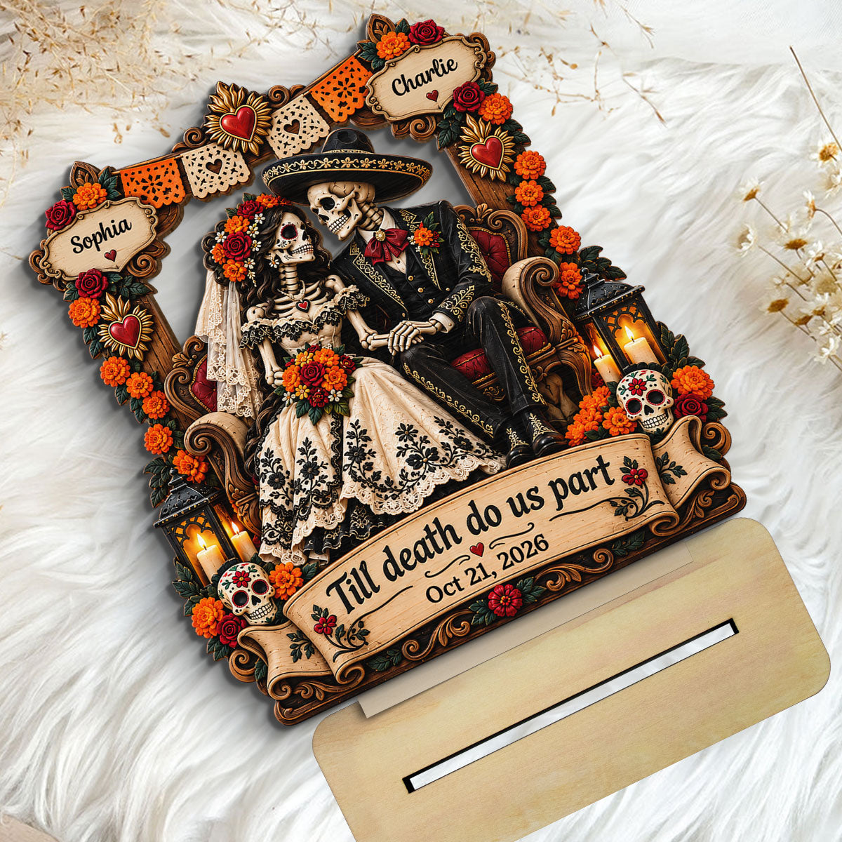 Skeleton Couple Till Death Do Us Part 2D Flat - Personalized 2-Layered Wooden Plaque - Skull Decor Wedding Gift for Couple, Gothic Home Decor, Dia de los Muertos, Day of the Dead Gift