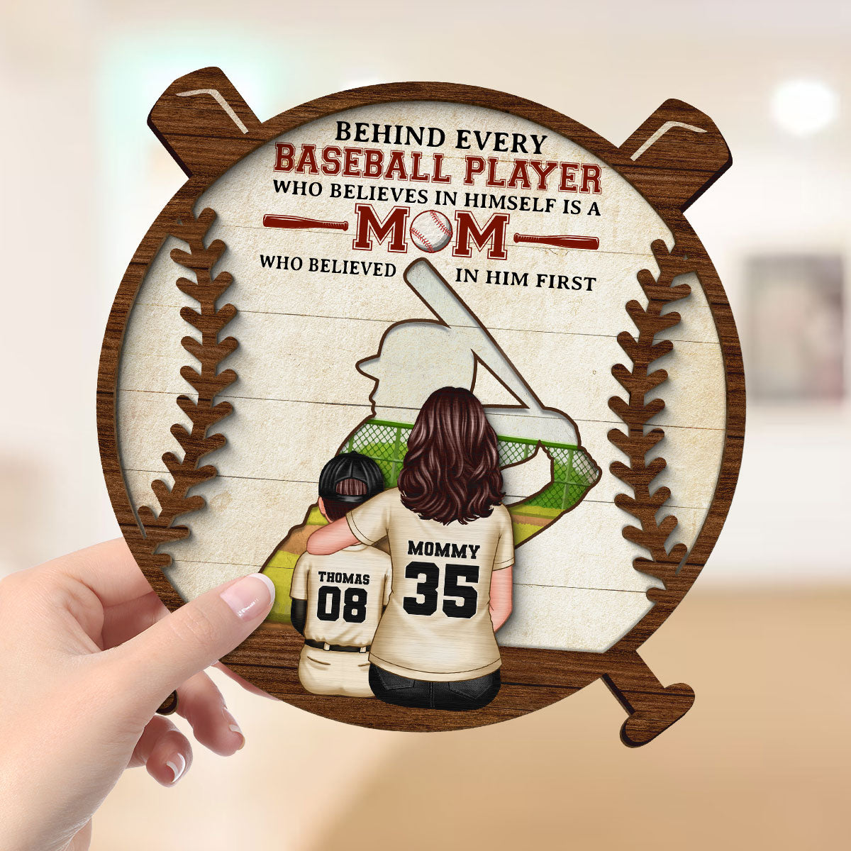 Baseball Mom Behind Every Baseball Player Personalized 2-Layer Wooden Plaque, Gift for Mom