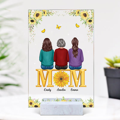 Mom Sons Daughters Back View Sitting On Text Sunflower Personalized Acrylic Plaque