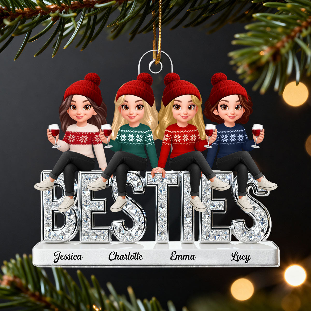 3D Shinning Effect Besties Christmas - Personalized Acrylic Ornament - Heartwarming Christmas Gift For Best Friends, Matching Group Ornaments