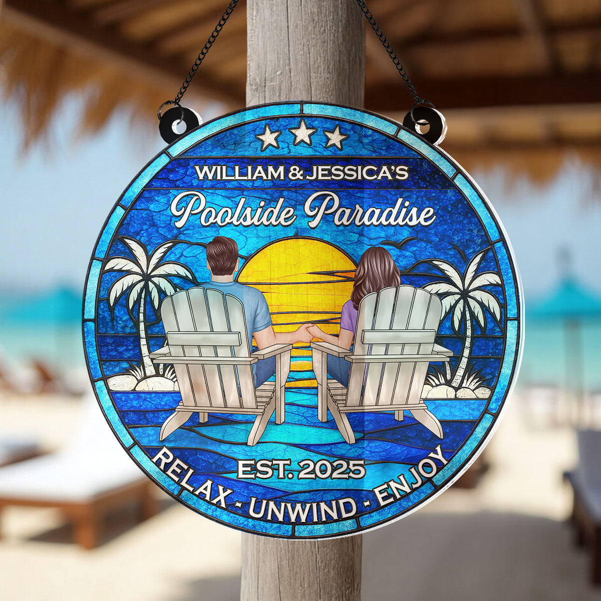Poolside Paradise Couple Sitting Personalized Suncatcher, Summer Decor