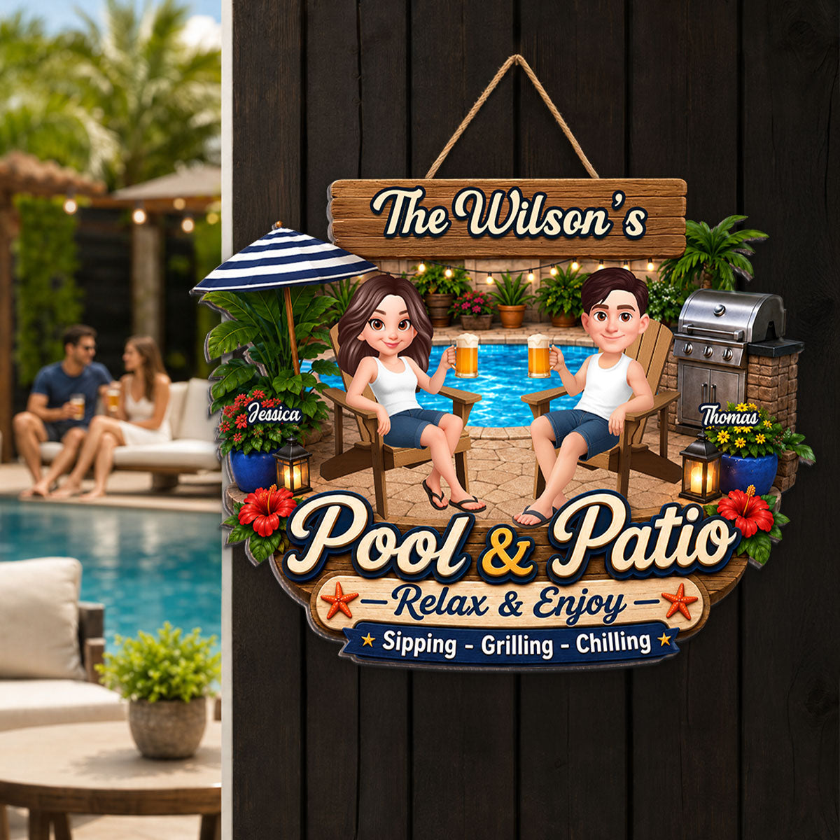 Welcome To Our Pool & Patio - Personalized Wood Sign - Gift For Couple, Summer Outdoor Patio Pool Decoration