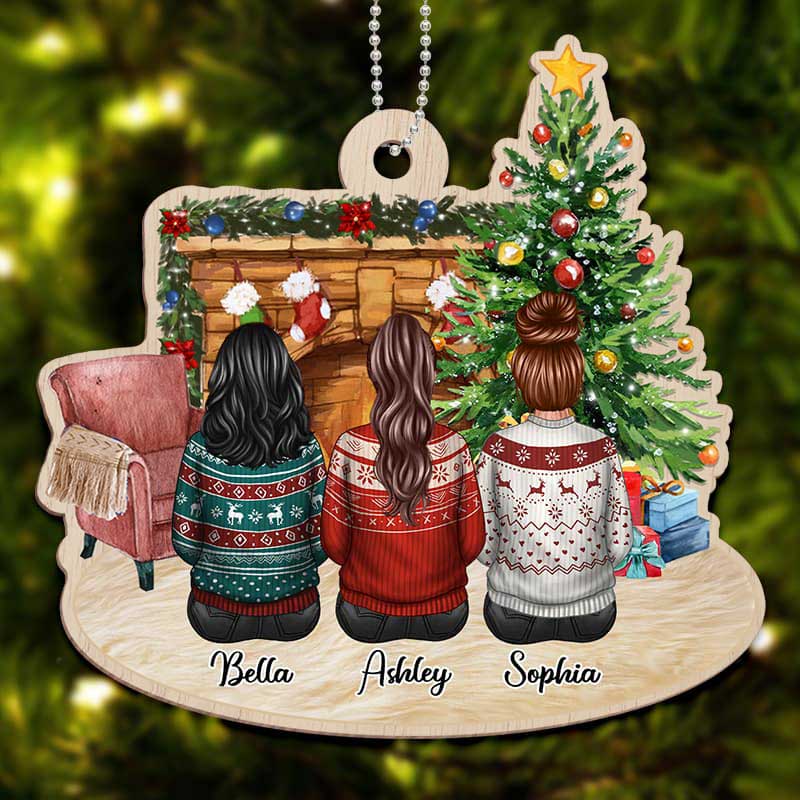 Fireplace Besties Sisters Siblings Family Personalized Christmas Wooden Ornament