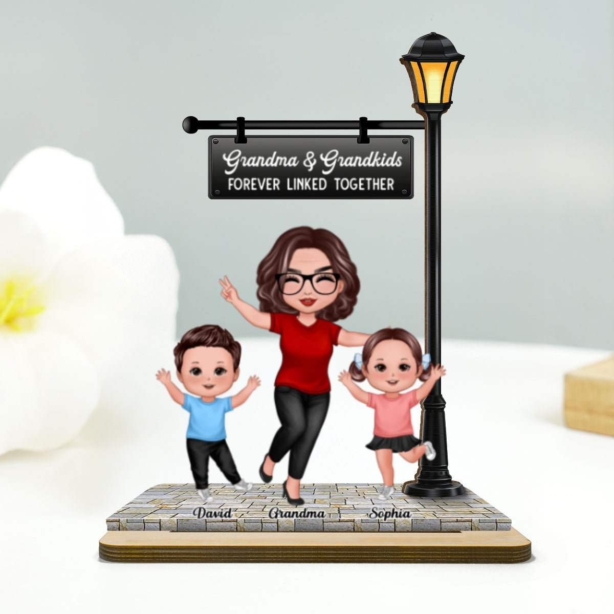 Grandma Grandkids Under Lamp Post Personalized 2-Layer Standing Wooden Plaque, Heartfelt Gift For Grandma, Grandkids