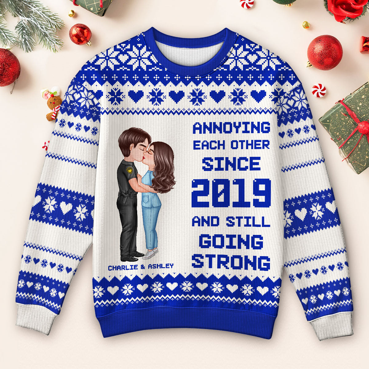 Christmas Hugging Kissing Couple Occupation Personalized Faux Knitting Ugly Sweater, Gift For Him, For Her, For Police, Nurse, Firefighter, EMS, Military