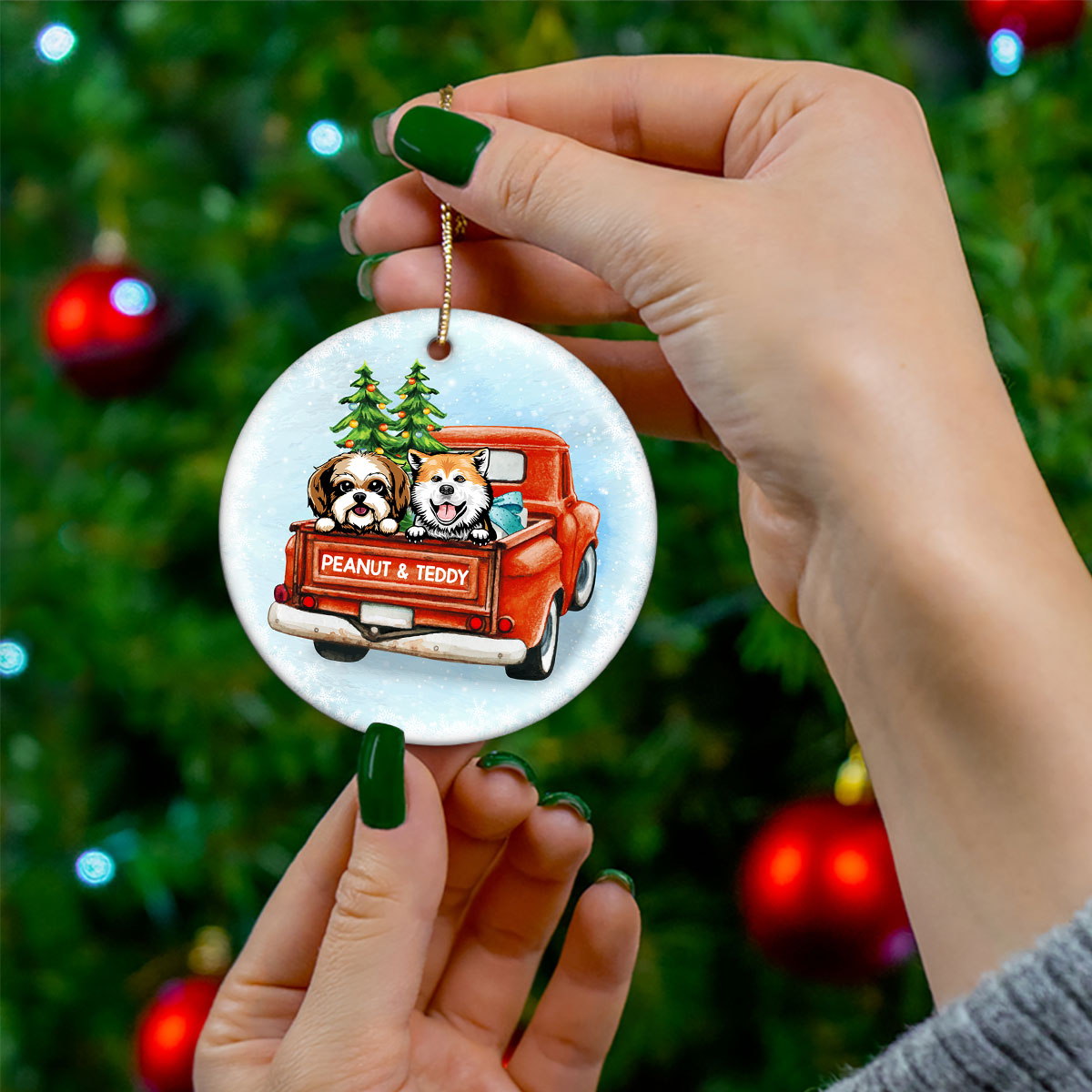 Peeking Dogs Red Truck Christmas Personalized Circle Ornament