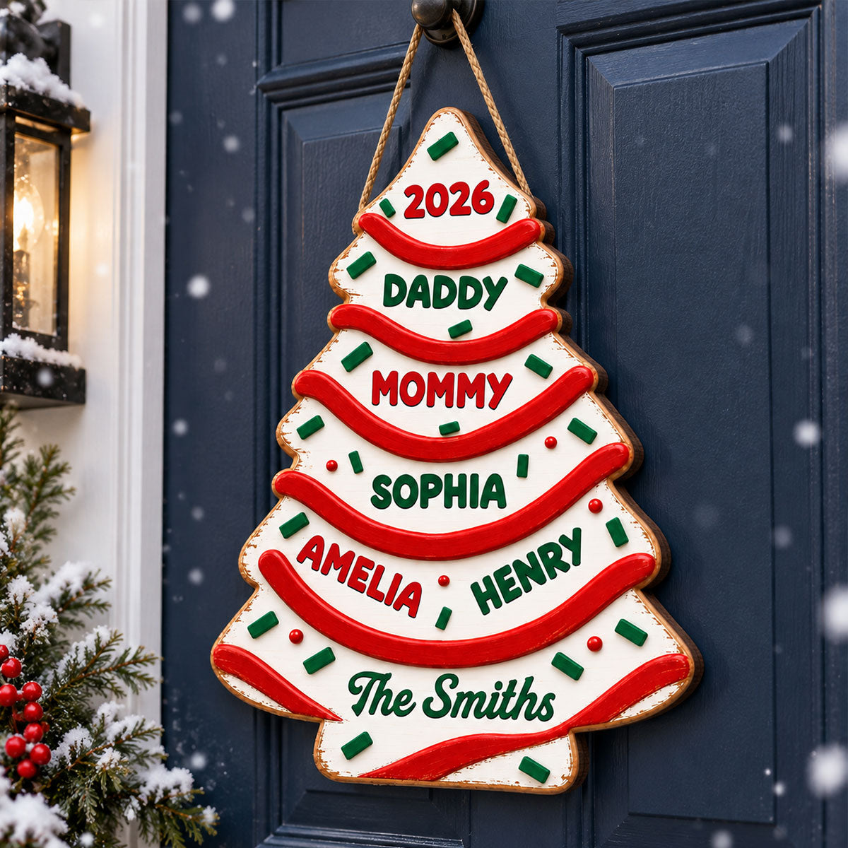 Custom Family Name Christmas Tree Cake - Personalized Wooden Door Sign - Christmas Decor