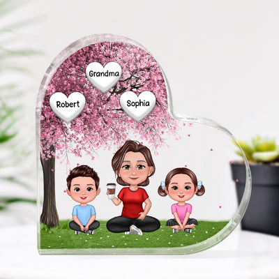 Pretty Doll Grandma Grandkids Under Blossom Tree Personalized Acrylic Heart Plaque