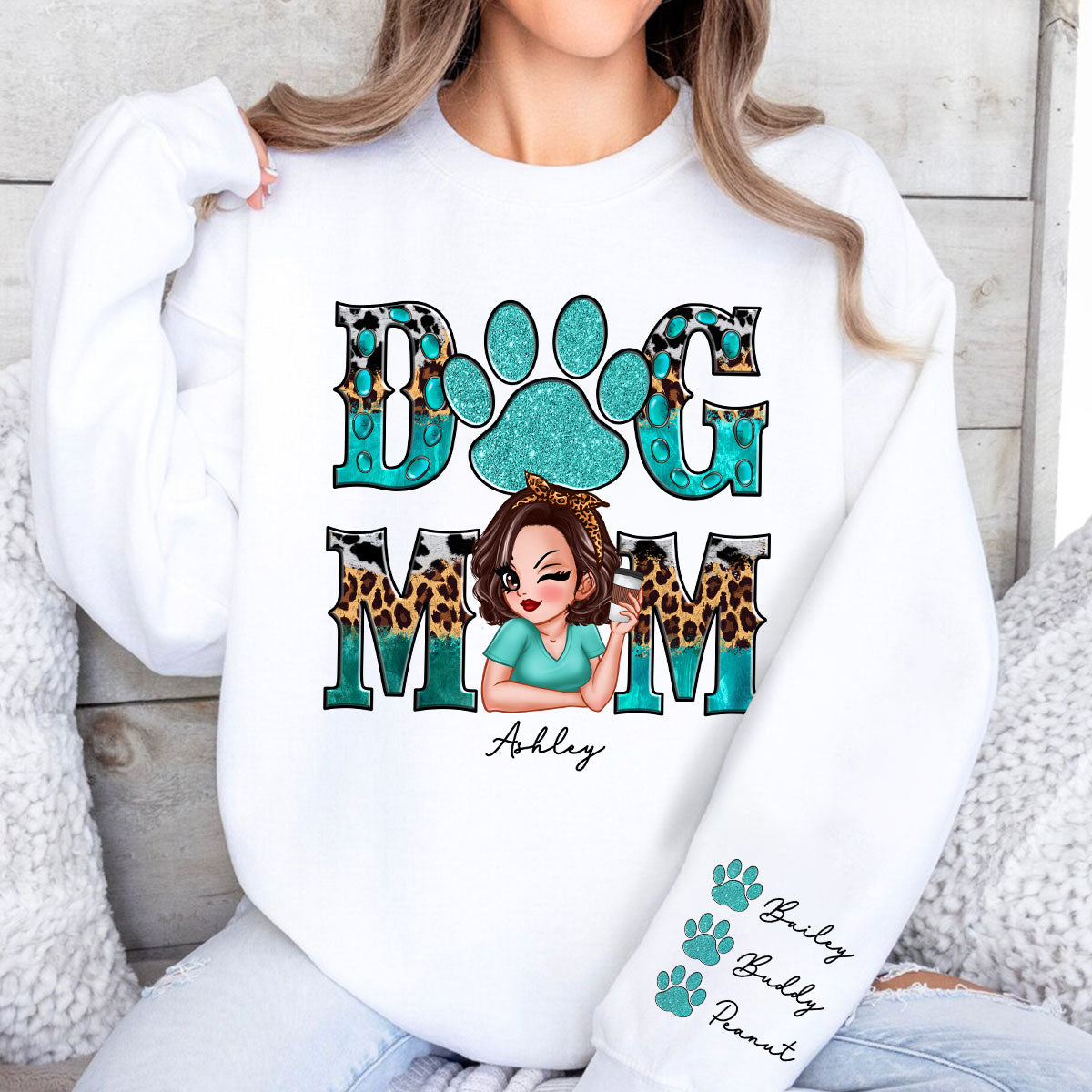 Teal And Leopard Dog Mom Gift For Dog Lovers Personalized Sleeve Printed Sweatshirt