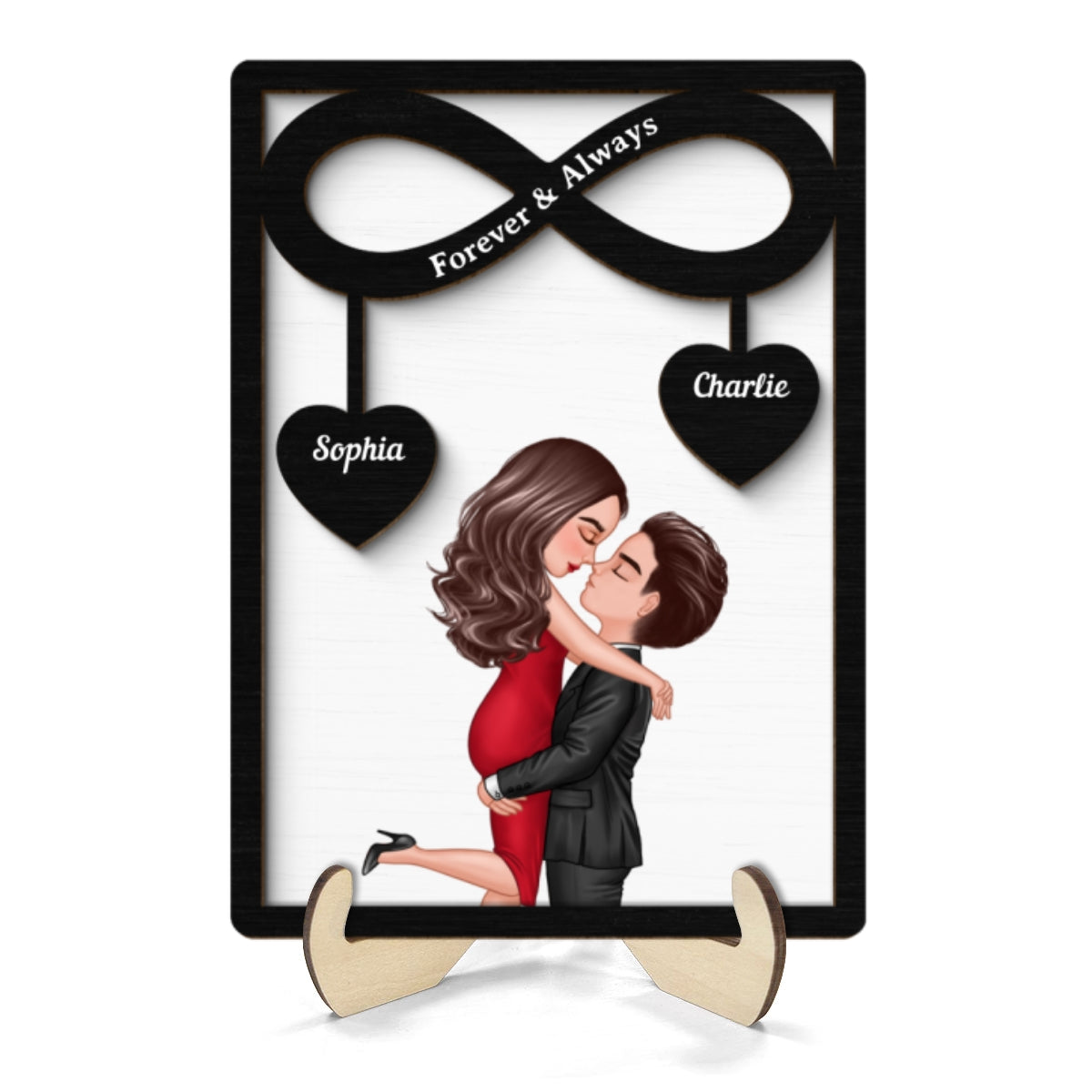 Couple Hugging Kissing Infinity Hearts Hanging Personalized 2-layer Wooden Plaque,  Gift For Him, For Her