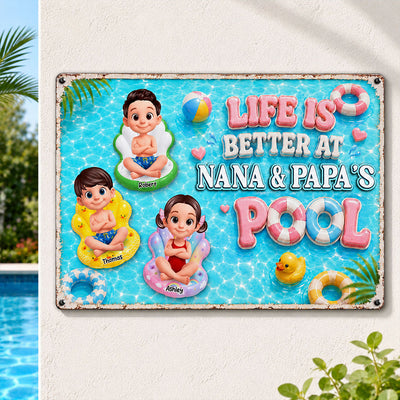 Pastel Life Is Better At Pool - Personalized Metal Sign - Gift For Grandparents, Summer Outdoor Pool, Porch, Patio, Bar Decoration