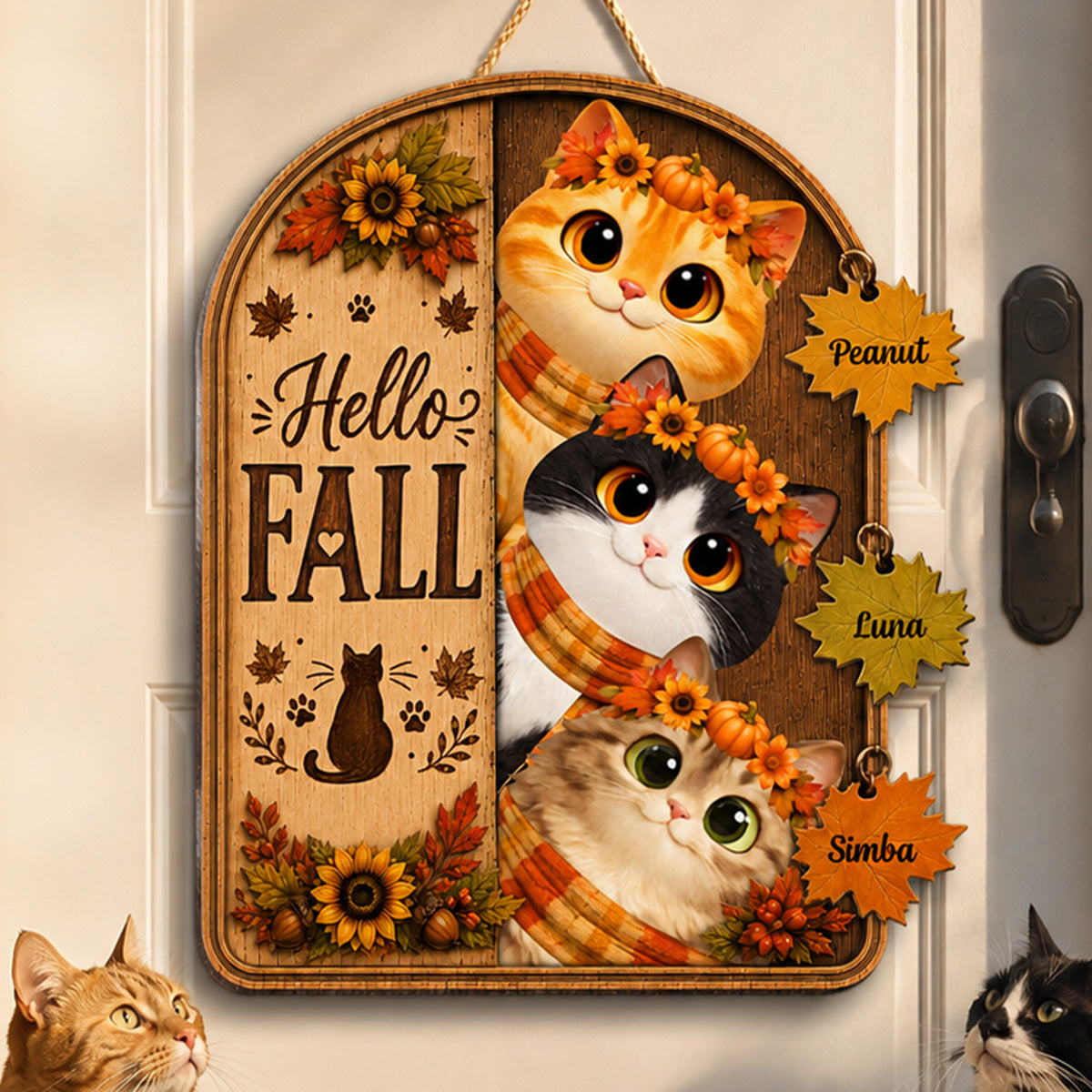 Hello Fall Peeking Cats 2D Flat - Personalized Door Sign - Fall Season Decor For Cat Lovers