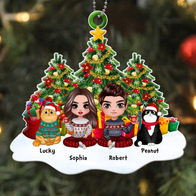 Doll Couple And Fluffy Cats Sitting On Snow Christmas Tree Personalized Acrylic Ornament