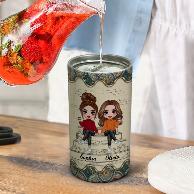 Besties Sisters Stair Outline Details Pattern Personalized 4 In 1 Can Cooler