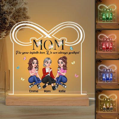 For Your Infinite Love Pretty Cartoon Mom Daughters Sitting Floral Custom Shape Acrylic Plaque LED Night Light