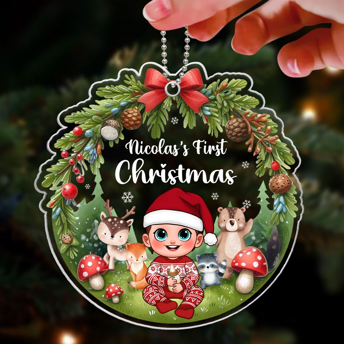 Animated Woodland Animals Baby's First Christmas Personalized Acrylic Ornament