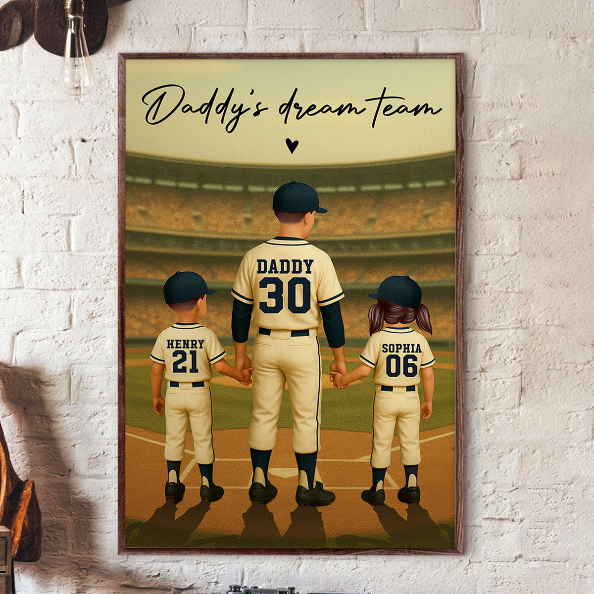 Daddy's Dream Team No. 1 Dad Man & Kids Baseball Retro Personalized Poster