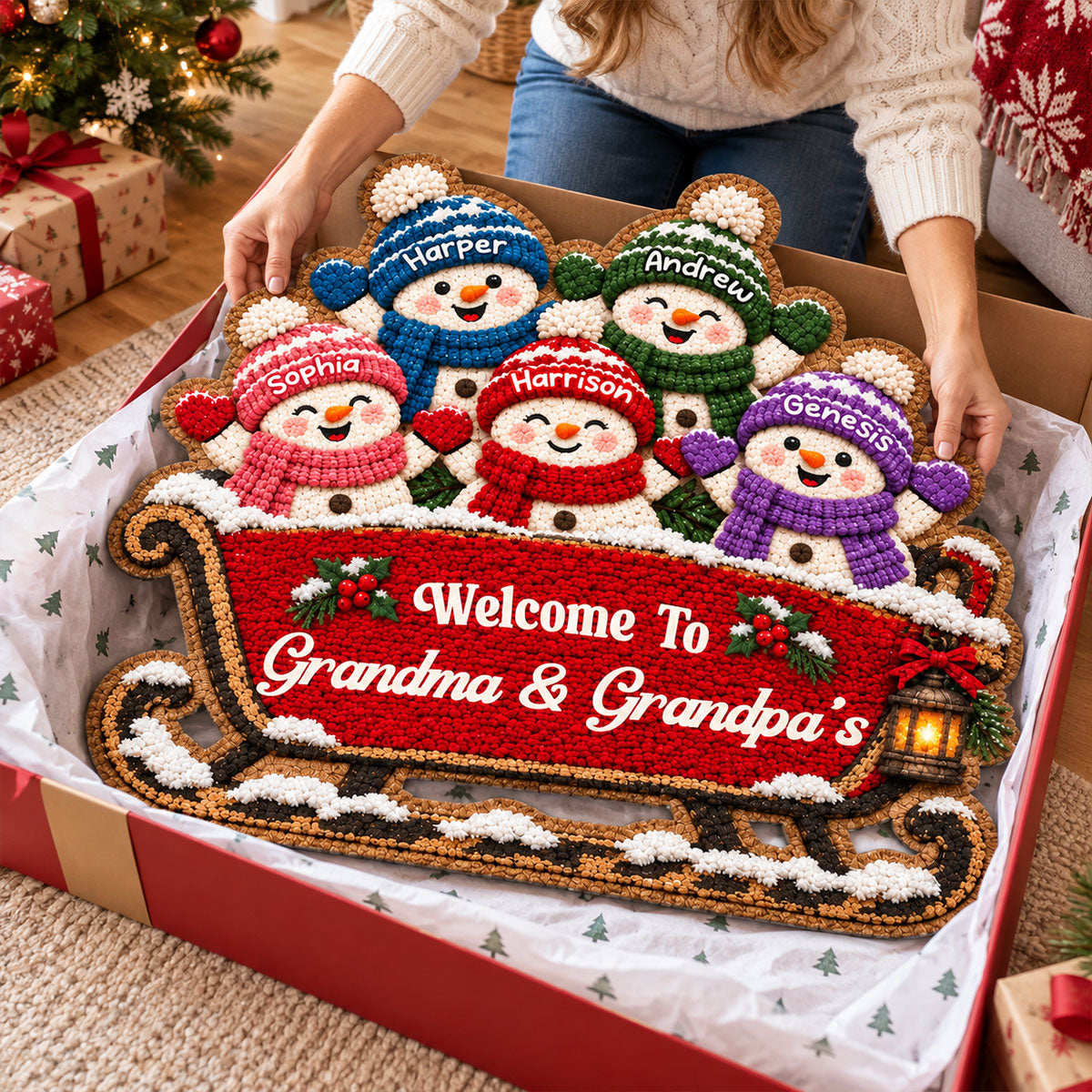 Grandkids Snowman On Sleigh - Personalized Door Mat - Christmas Decor For Grandparents, Family