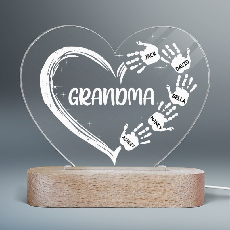 Grandma Mom Heart Hand Print Gift For Grandma - Personalized Heart Plaque LED Night Light - Acrylic LED Lamp