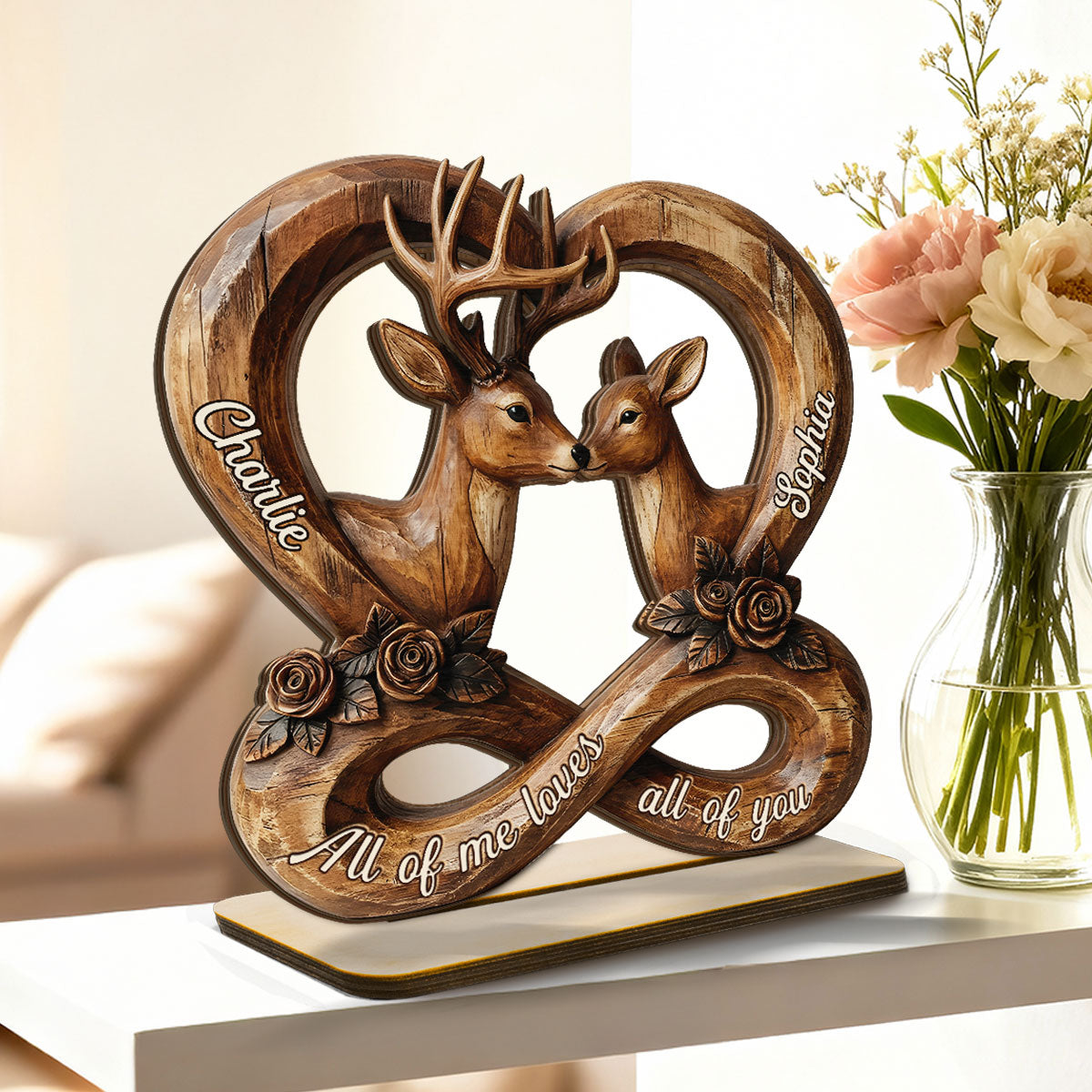 3D Effect Deer Couple Eternal Love - Personalized 2-Layer Wooden Plaque - Gift For Him, Gift For Her