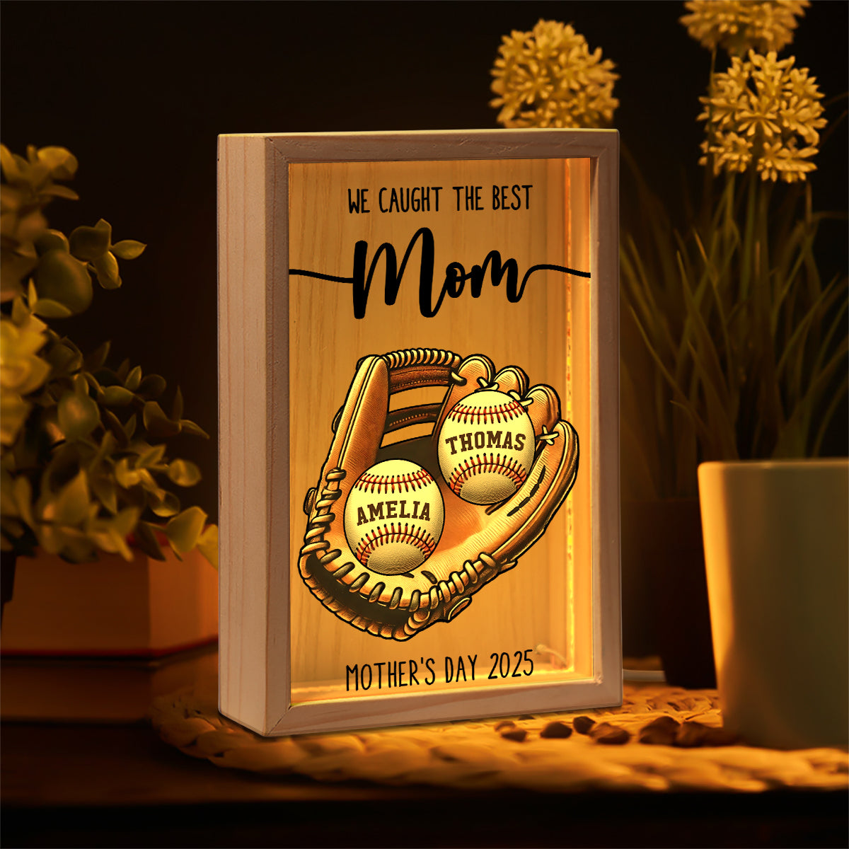 We Caught The Best Mom Baseball, Softball Personalized Frame Light Box, Custom Kid's Name, Mother's Day, Gift For Wife, Gift For Mom