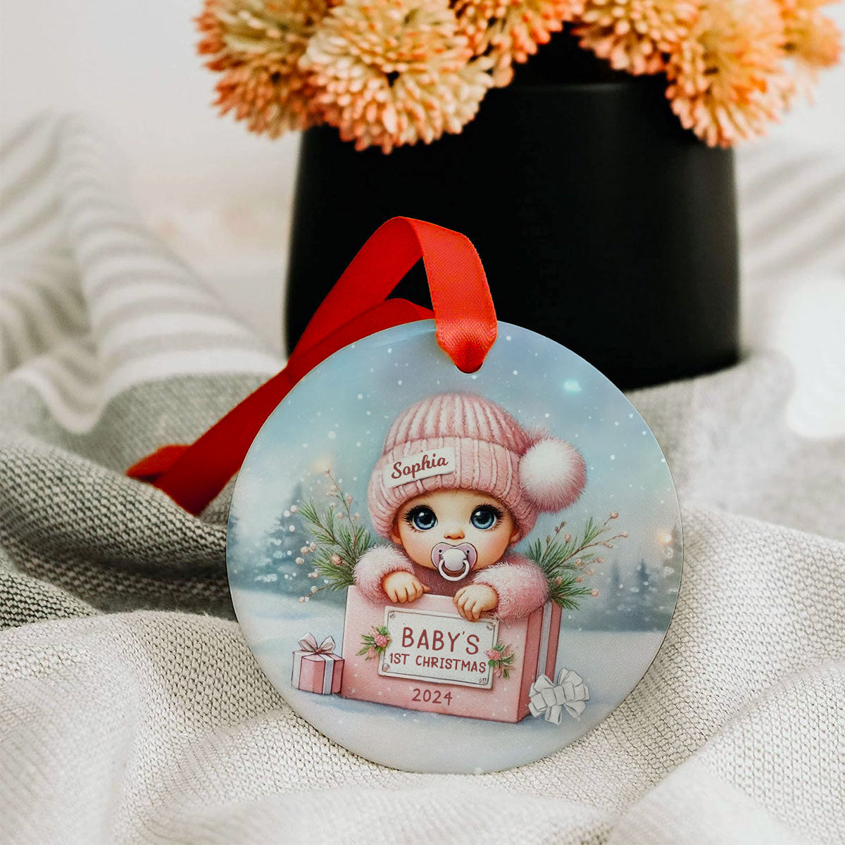 Watercolor Baby Inside Gift Box Personalized Ceramic Ornament, Christmas Gift for New Mom New Dad