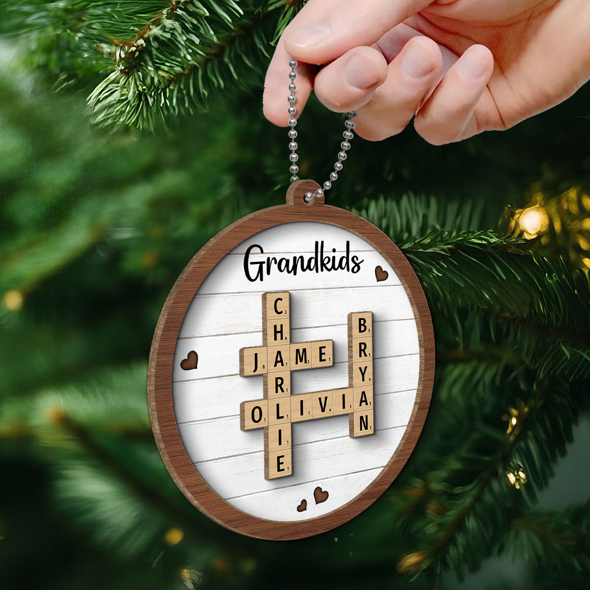 Grandkids Crossword Puzzle Art - Personalized 2-Layered Wooden Ornament - Christmas Gift For Mom, Gift For Grandma