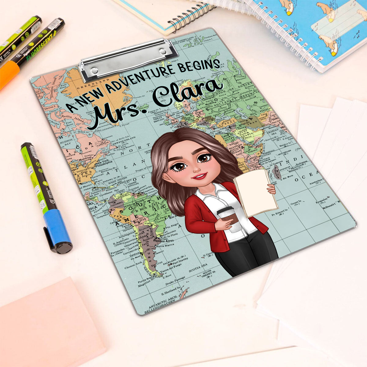 World Map Adventure Themed Teacher Personalized Clipboard, Back To School Gift For Teacher, Colleagues