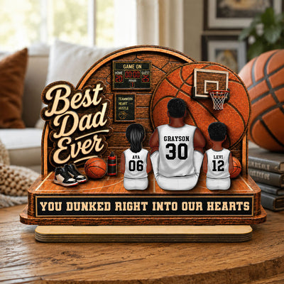 MVP Dad Back View Basketball Man & Kids 2D Flat - Personalized 2-Layered Wooden Plaque - Father's Day Gift For Basketball Dad