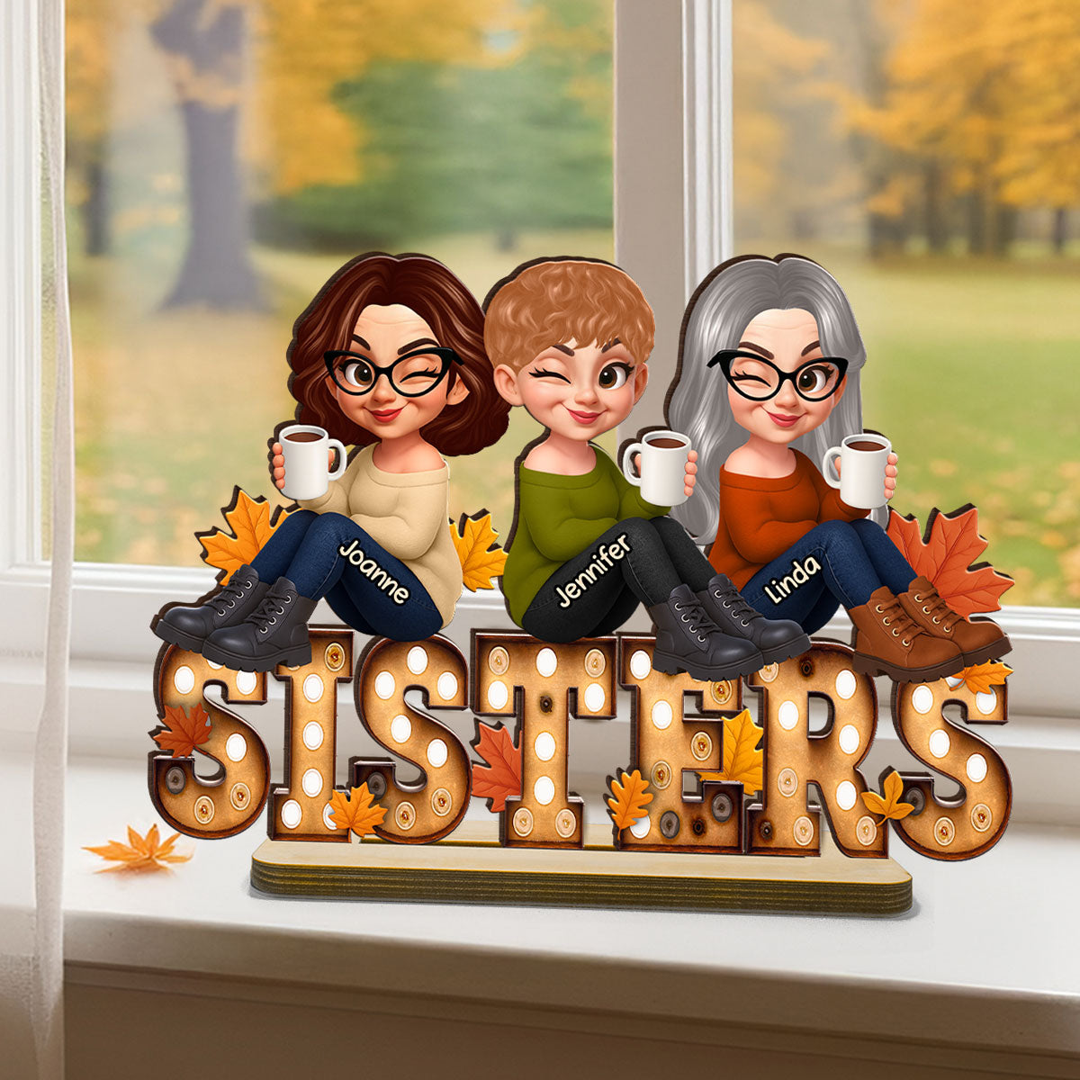 Fall Besties Sitting On Text Marquee Effect Personalized Standing Wooden Plaque, Meaningful Gift For Best Friends