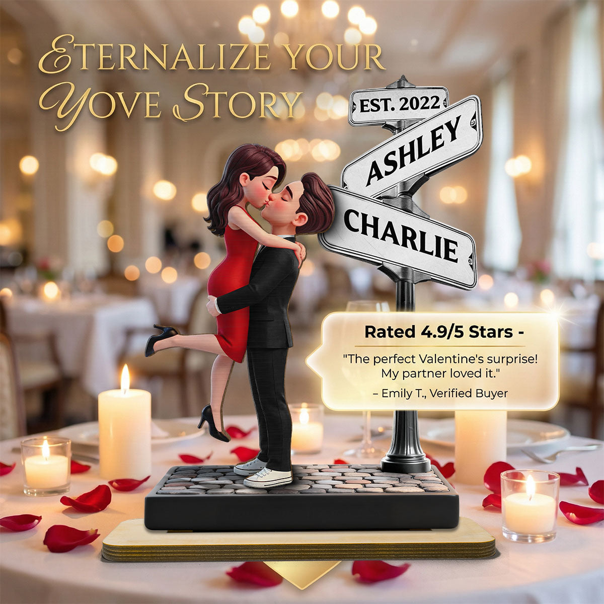 Eternal Love Romantic Couple Hugging Kissing Street Sign - Personalized 2-Layered Wooden Plaque - Heartfelt Valentine's Day Gift For Couple