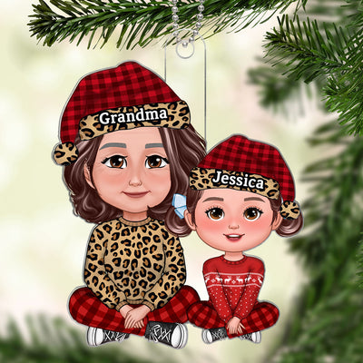 Leopard Checkered Grandma Grandkid Crossed Legs Christmas Gift For Granddaughter Grandson Personalized Acrylic Ornament