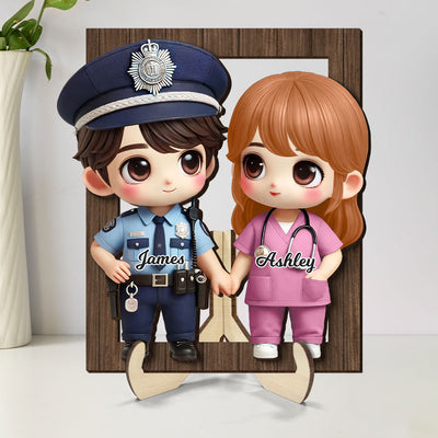 3D Effect Cute Cartoon Couple Gift by Occupation Gift For Her Gift For Him Personalized 2-Layered Wooden Plaque, Anniversary Gift For Couple