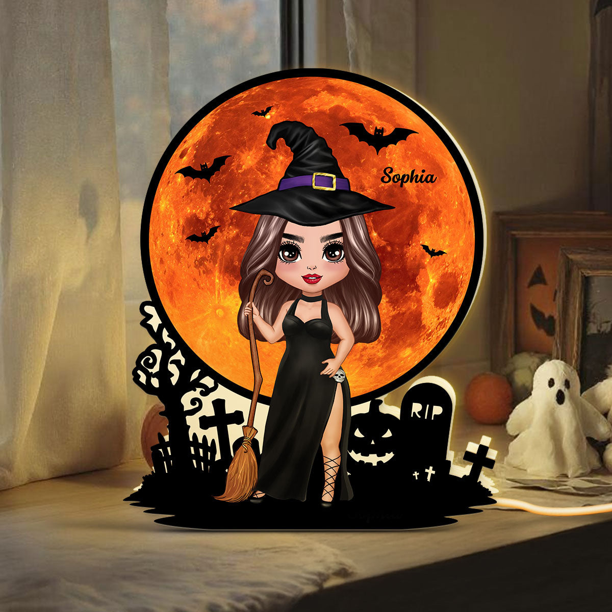Witch Besties Under Halloween Moon Tabletop Wicca Pagan Decor Personalized Light Box, Halloween Decor