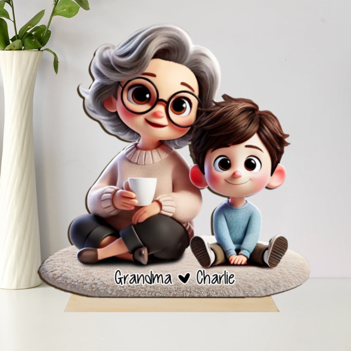 Happy Grandma & Grandkid 3D Personalized Standing Wooden Plaque, Perfect 2025 Gift For Mom, For Grandma