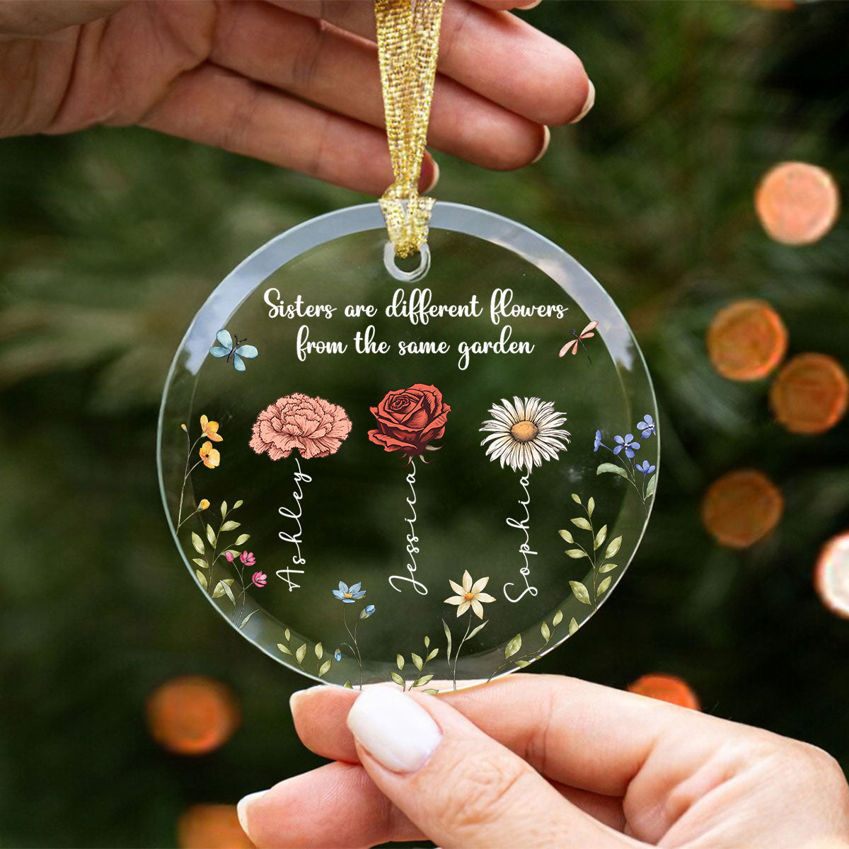 Sisters Are Different Flowers From The Same Garden Personalized Glass Ornament, Christmas Gift For Sisters, Siblings, Besties