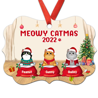 Meowy Catmas Fluffy Cat In Santa Sack Personalized Christmas Ornament