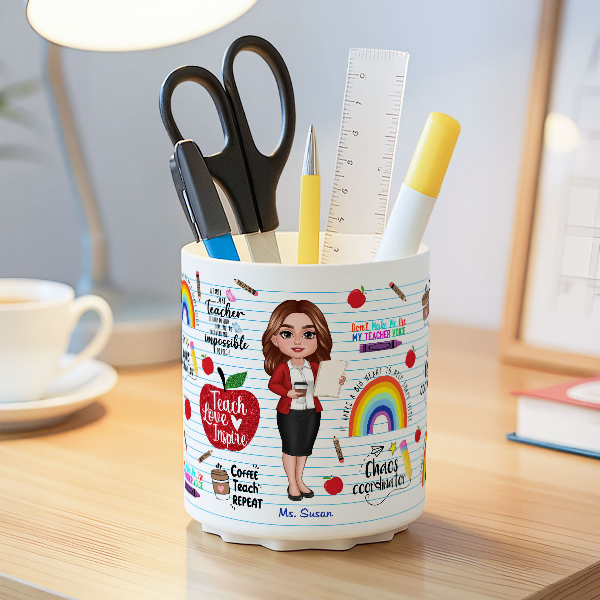 Teach Love Inspire Personalized Rotating Pen Holder, Back to School Gift for Teachers