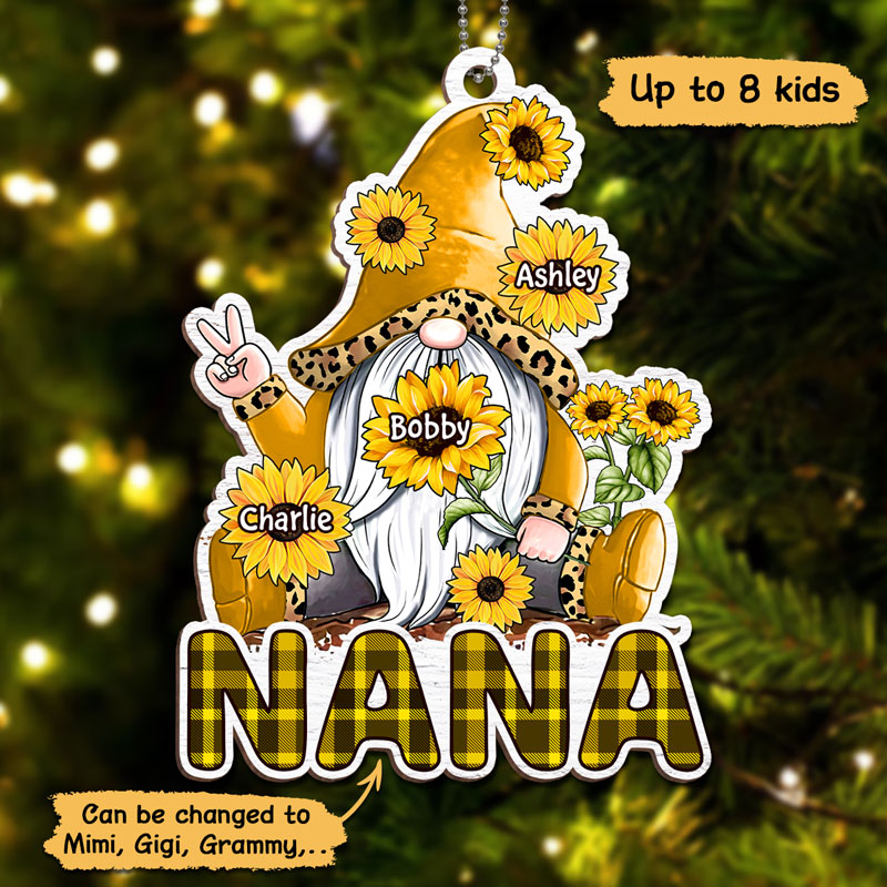 Gnome Sunflower Grandma Personalized Wooden Ornament