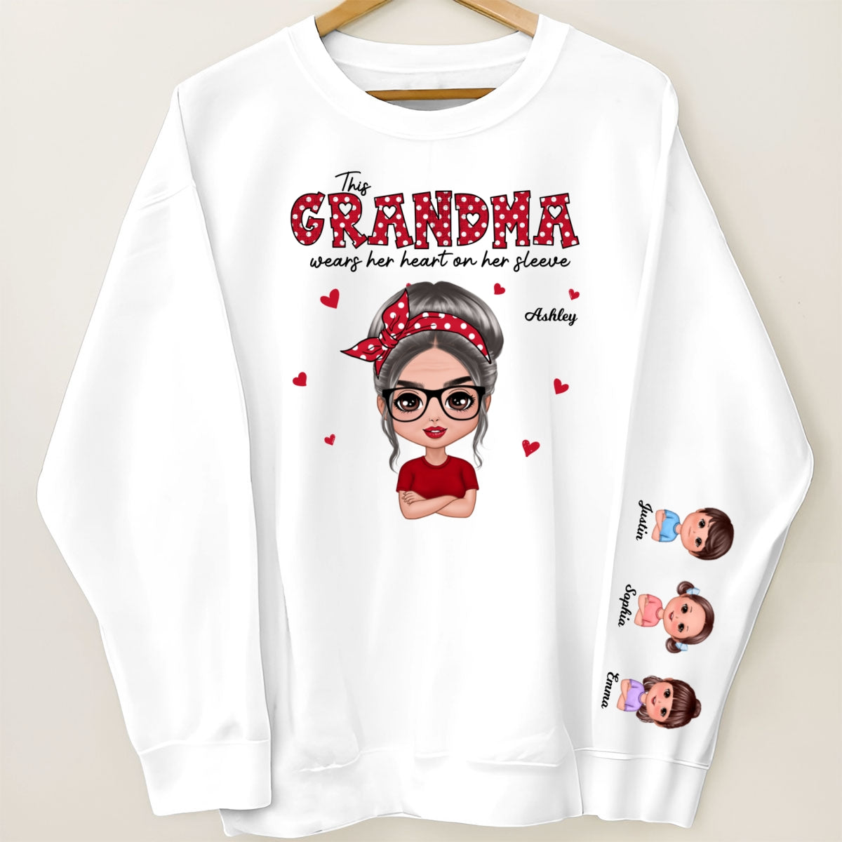 This Grandma Wears Her Heart On Her Sleeve Polka Dot Pattern Personalized Sleeve Printed Sweatshirt