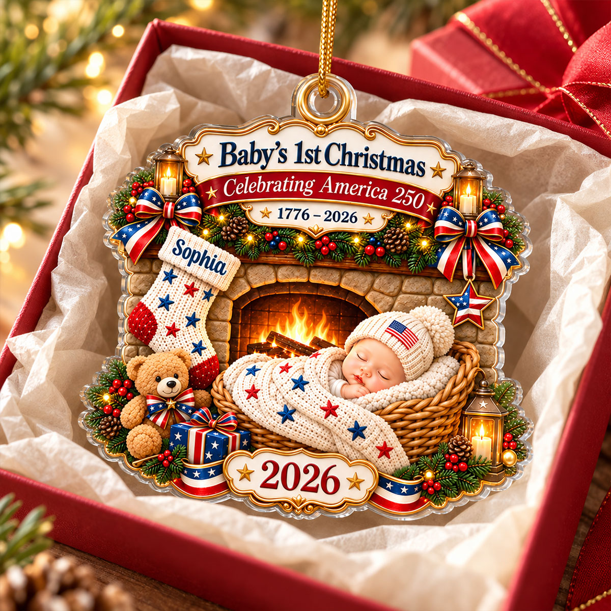 Baby By Fireplace Baby's First Christmas 2D Flat - Personalized Acrylic Ornament - 250th America 1776 - 2026 Anniversary, Patriotic Christmas Decor, Gifts for New Parents
