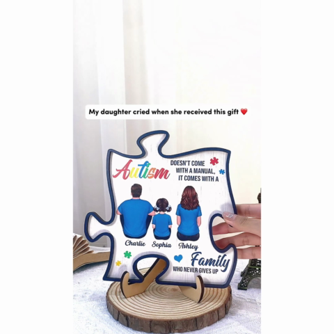 Autism Comes With A Family Never Give Up Family Back View Personalized Puzzle Shaped 2-Layer Wooden Plaque