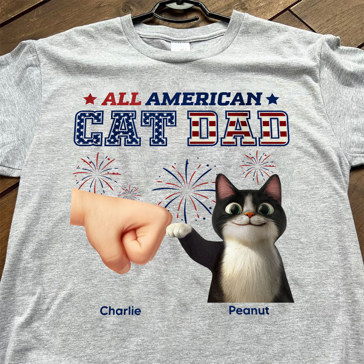 All American Cat Dad Cat Mom Cartoon Cat Punch Hand Personalized Shirt, 4th of July Independence Day Celebration