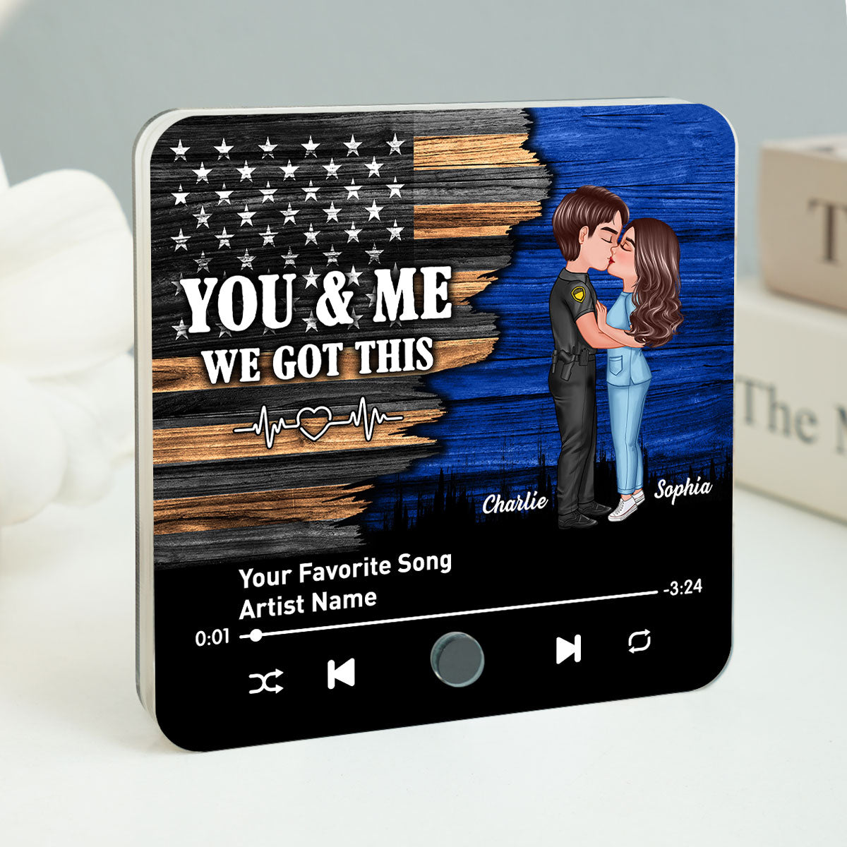 Hero Couple Kissing Half Flag Gift by Occupation Personalized Music Fridge Magnet,  Gift For Him, For Her