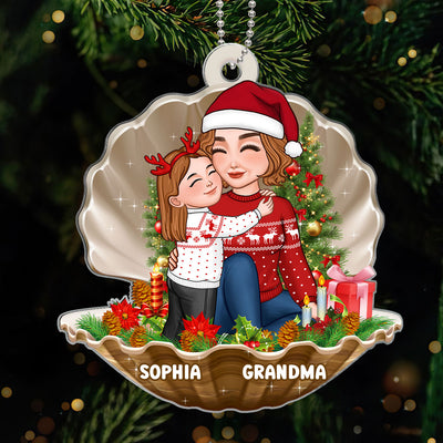 Cute Grandkid Hugging Sitting Grandma In Pearl Shell Personalized Acrylic Ornament