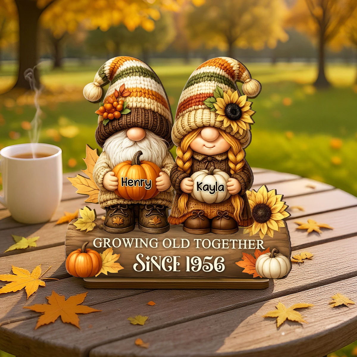 Gnome Couple Growing Old Together Personalized Standing Wooden Plaque, Fall Decor for Couple