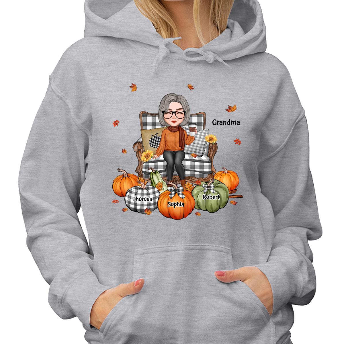 Cute Grandma Mom Sitting On Chair Fall Season Personalized Shirt